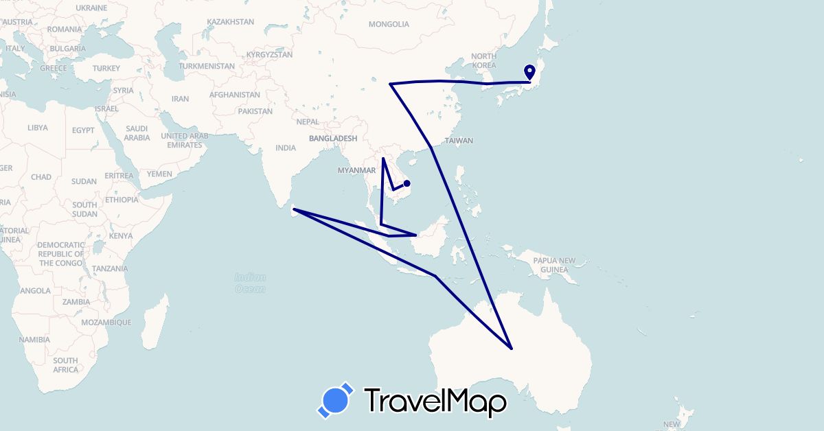 TravelMap itinerary: driving in Australia, China, Hong Kong, Indonesia, Japan, Cambodia, South Korea, Laos, Sri Lanka, Malaysia, Singapore, Vietnam (Asia, Oceania)